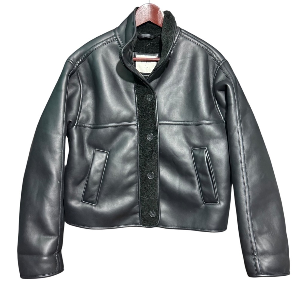 Hollister Leather Jacket Womens Small Fleeced Lined Cropped Biker 3 Button Y2K